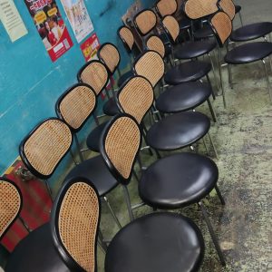 Four metal-legged dining chairs (70% new)