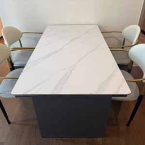 Marble table and four chairs (75% new) Dimensions: Table: 141cm (W) * 71cm (D) * 72cm (H), Chairs: 52cm (W) * 50cm (D) * 42-79cm (H)